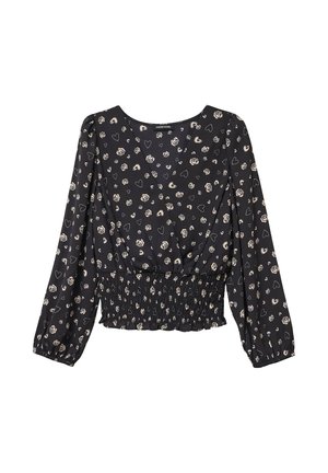 Black blouse with long, puffy sleeves, featuring a smocked waist. Decorated with small, cream-colored hearts and roses. V-neck design.