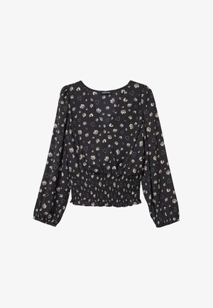 Black blouse with long, puffy sleeves, featuring a smocked waist. Decorated with small, cream-colored hearts and roses. V-neck design.