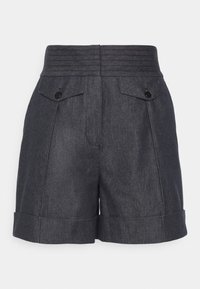Donkerdenim shorts met een omgeslagen zoom, gestructureerde stof, getailleerde taille en twee achterzakken met zwarte knopen.