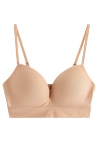 Sujeción ligera color beige con tirantes ajustables, tela suave y una forma sutil y redondeada. Presenta copas sin costuras y una banda ancha en la parte inferior.