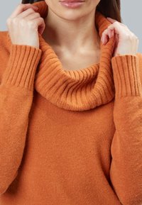 Coltrui met lange mouwen in een warme oranje tint. Zachte, gestructureerde stof met ribbeldetails bij de halslijn en manchetten.