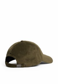 Olive green corduroy baseball cap with adjustable strap and metal clasp, shown from the back on a white background.