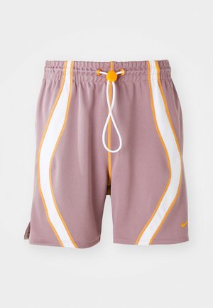 Purple shorts with white and orange side stripes, elastic waistband, and drawstring. Features breathable fabric and side vents.