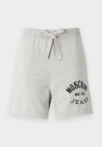 Pilki medvilniniai šortai su nugaroje esančia raištelių juosta, ant kairės kojos yra juodas spaudinys su logotipu. Kasdienis dizainas, iki kelių, minkšta tekstūra.