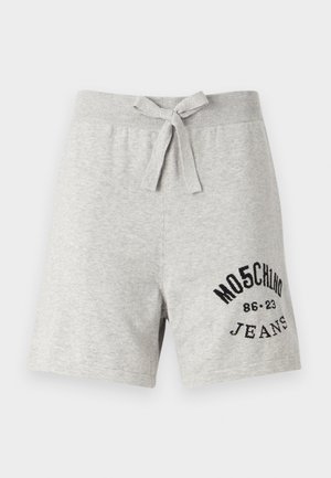 Shorts in cotone grigiocon coulisse in vita, con un logo stampato nero sulla gamba sinistra. Design casual, lunghezza al ginocchio, texture morbida.