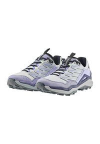 Scarpe da trekking leggere con un design lilla e grigio. Presentano una tomaia in rete, dettagli testurizzati, suola robusta con trazione e collarino imbottito.