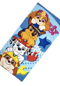 Serviette de plage colorée avec des chiens de dessin animé de "Paw Patrol." Les couleurs principales sont le bleu, avec des motifs en rouge, jaune et blanc, ainsi que des accents en forme d'étoiles texturées.