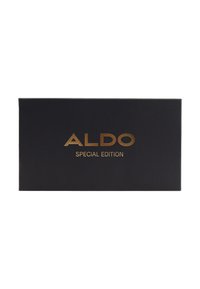 Czarna, prostokątna skrzynka o matowym wykończeniu, z tłoczonym na złoto napisem "ALDO SPECIAL EDITION". Brak widocznych elementów metalowych lub wzorów.