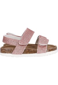 Sandali rosa glitterati con due cinturini regolabili, soletta in sughero, suola in gomma bianca e morbida fodera interna per comfort e vestibilità.