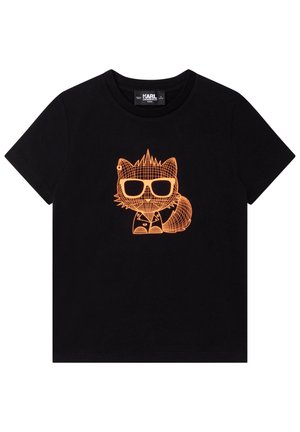 Schwarzes Baumwoll-T-Shirt mit einem orangefarbenen Motiv einer Katze mit Brille, einem Rasterdesign und stacheligen Haarakzenten. Kurze Ärmel.