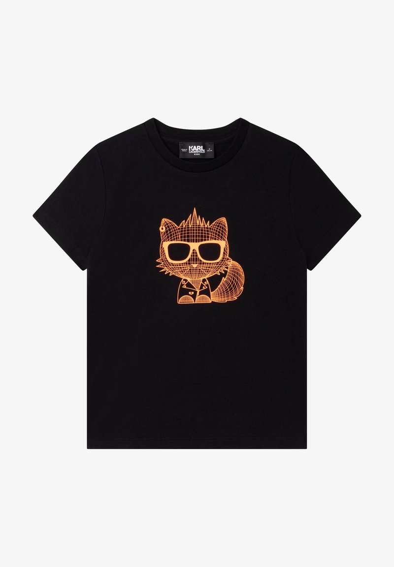 Maglietta nera in cotone con grafica arancione di un gatto con occhiali, design a griglia e dettagli di capelli appuntiti. Maniche corte.