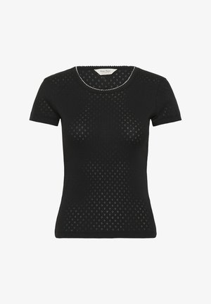 Schwarzes Kurzarmoberteil aus durchbrochener Stoff, mit einem runden Ausschnitt und gewelltem Saum sowie rautenförmigen Löchern im gesamten Design.