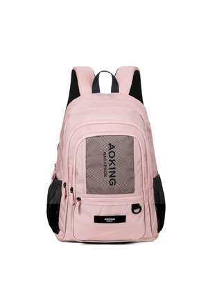 Zaino in tessuto rosa con tasca anteriore in rete, dettagli neri, tasche laterali doppie e spallacci regolabili imbottiti. Logo in evidenza.