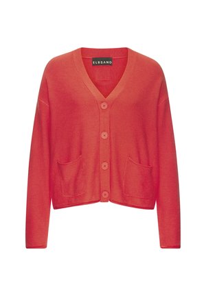 Red button-up cardigan with V-neck and two front pockets, made of knit fabric, displayed on a plain white background.