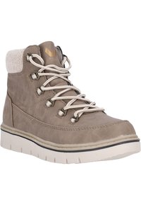 Botte de cheville imperméable marron avec une tige texturée, un col en fourrure crème, des lacets blancs et une semelle rembourrée avec un accent noir.