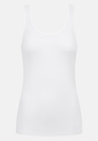 Débardeur blanc, en tissu doux et extensible. Il présente des bretelles larges et un col arrondi. Texture lisse avec une silhouette ajustée.