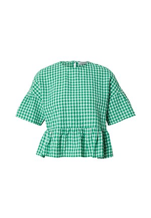 Grün-weiß karierte Kurzarmbluse mit Rundhalsausschnitt und gerafftem Peplum-Saum, Knopfverschluss hinten.