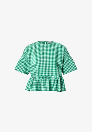 Groen-witte ginghamruit korte mouwen blouse met ronde hals en gerimpelde peplumzoom, knoopsluiting aan de achterkant.