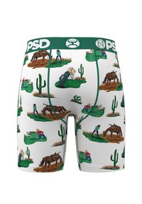 Boxer briefs featuring a white base with a colorful print of golfers and cowboys, accented by a green waistband with "PSD" logo.
