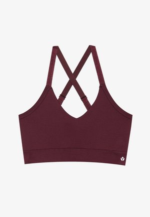 Burgundy sports bra with a V-neck design, adjustable crisscross straps, and a smooth texture. Features a small logo on the lower right.