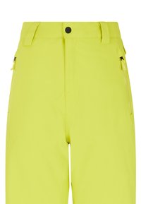 Heldere gele broek met een gladde textuur, voorzien van ritszakken aan de zijkanten en een knopenluiting aan de voorkant. Ontworpen voor functionaliteit.
