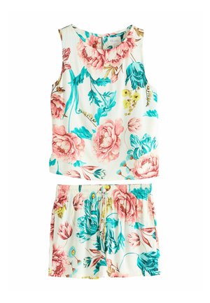 Blommig ärmlös topp och shorts-set. Lätt tyg, vit bakgrund, med stora rosa och turkosa blommor samt gröna blad. Elastisk midja.