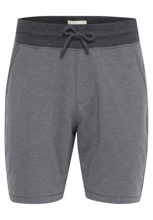 Grå bomulds-shorts med elastisk talje og snor, der har sidelommer og en glat tekstur.