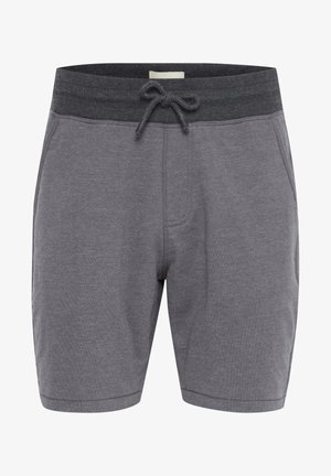 Grå bomullsshorts med elastisk midjebånd og snøring, med sidelommer og en jevn tekstur.