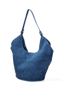 Borsa hobo in suede blu con un'ampia apertura e una sola tracolla, caratterizzata da una texture morbida e una finitura liscia. Nessun hardware o accenti prominenti.
