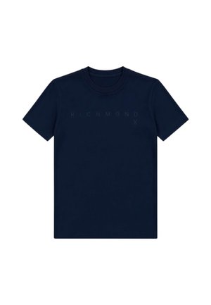 T-shirt blu navy a maniche corte con scollo tondo e testo sottile ""RICHMOND X"" sul petto.