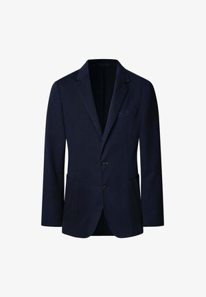 Marineblazer aus strukturiertem Stoff, mit Reverskragen, zwei Frontknöpfen, seitlichen Taschen und einer einzelnen Brusttasche.