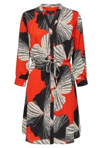 Abito rosso e nero con motivo a foglie, con chiusura frontale con bottoni, maniche lunghe e coulisse in vita per una vestibilità regolabile.