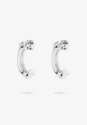 Orecchini a cerchio in argento con finitura lucida e un elegante accento in cristallo trasparente a taglio quadrato sulla parte superiore. Design curvo con estremità arrotondate.