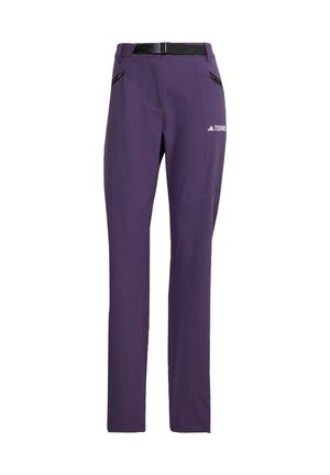 Pantalons d'extérieur violets en tissu durable, avec une coupe ajustée, une taille réglable et deux poches latérales zippées pour le rangement.