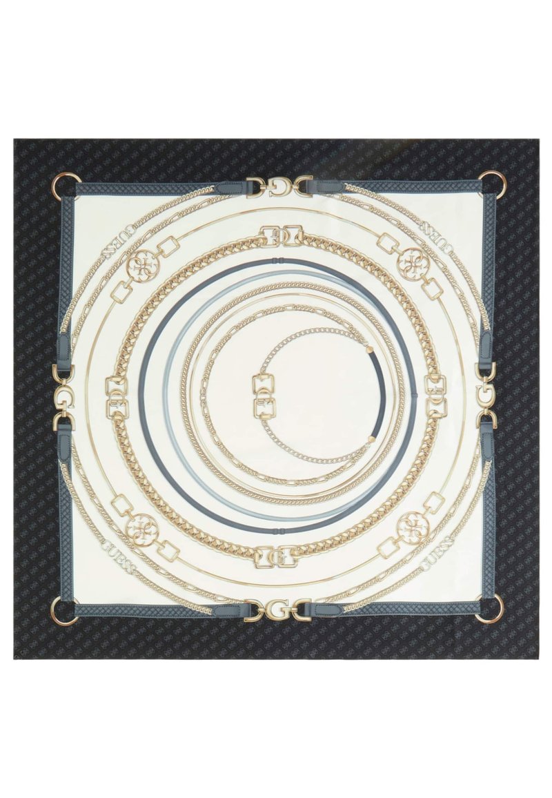 Vierkante sjaal met een mix van goudkleurige kettingen en donkerblauwe sierbanden op een lichte achtergrond, met een patroon rondom.