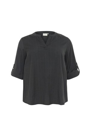 Dark gray blouse with a v-neck, three-quarter sleeves, and rolled cuffs. Made from lightweight fabric with subtle vertical stripes.