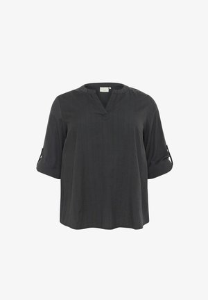 Blouse gris foncé avec un col en V, des manches trois-quarts et des poignets retroussés. Fabriquée en tissu léger avec de subtils rayures verticales.