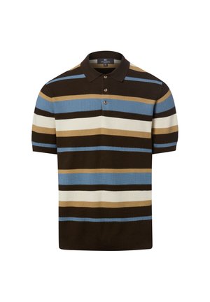Polo en maille manches courtes avec des rayures horizontales marron, bleu, beige et blanc et trois boutons sur la patte de col.