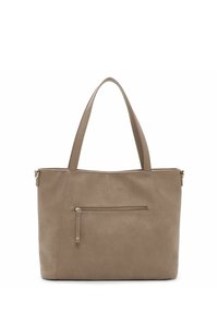 Beige Leder-Shopper mit strukturiertem Finish, zwei stabilen Tragegriffen und einer mit Reißverschluss versehenen Fronttasche. Hat eine strukturierte rechteckige Form.
