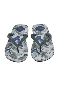 Infradito tropicali con motivo verde e blu, con una cinghia verde scuro, suola piatta e logo sul lato, che presenta un design a foglia sulla soletta.