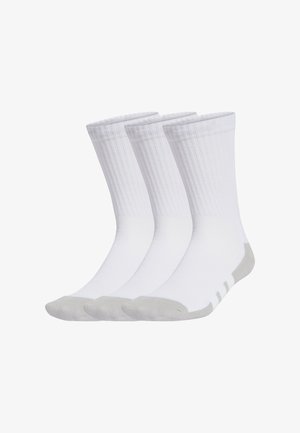 Chaussettes en coton blanc avec une texture côtelée ; présentent des accents gris sur les orteils et les talons ; inclus trois paires dans un paquet.