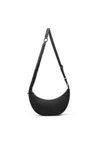 Sort buet skuldertaske lavet af blødt stof. Har en justerbar rem og sidelomme med lynlås for adgang. Glat tekstur, minimalistisk design.