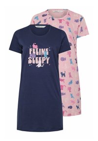 Två kortärmade nattlinnen: marinblå med "Feline Sleepy" och kattillustrationer, rosa med flerfärgade kattmönster.