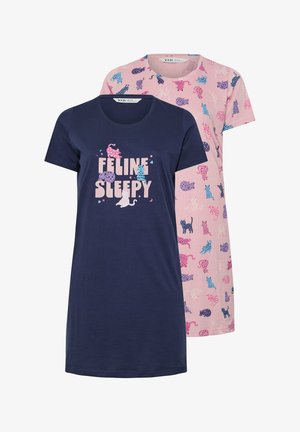 Zwei kurzärmelige Nachthemden: navyblau mit "Feline Sleepy" und Katzenillustrationen, rosa mit bunten Katzenmustern.
