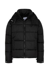 Giubbotto imbottito nero con colletto strutturato, zip frontale, tasche laterali e dettagli con logo su spalle e polsini.