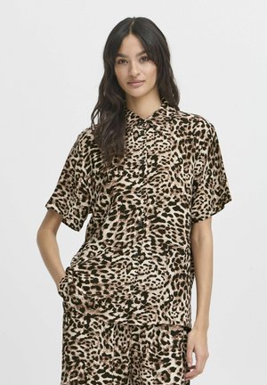 Korte mouwen, shirt met luipaardprint in bruin- en zwarttinten, met een kraag en knoopsluiting aan de voorkant, gemaakt van een soepele stof.