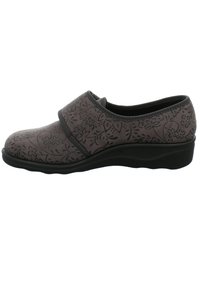 Gray slip-on shoe with floral pattern, soft textile upper, elastic band, and low black rubber sole for comfort and ease of wear.