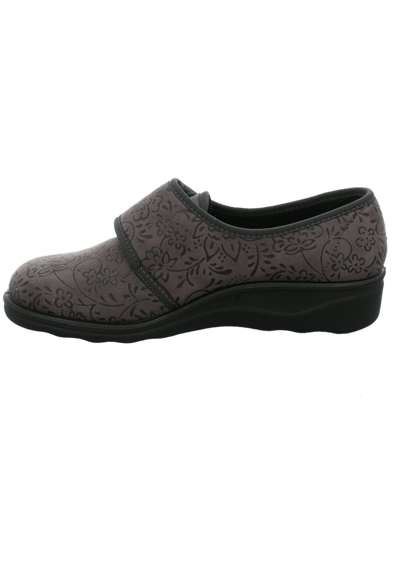 Gray slip-on shoe with floral pattern, soft textile upper, elastic band, and low black rubber sole for comfort and ease of wear.