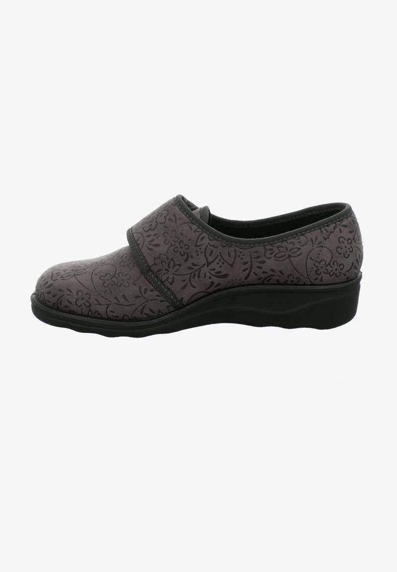 Gray slip-on shoe with floral pattern, soft textile upper, elastic band, and low black rubber sole for comfort and ease of wear.