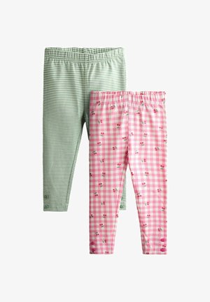 Kaks paari laste retuuse, üks rohevalgete triipudega, teine roosade ruuduliste kirsiprindiga, mõlemal nööbid pahkluudel.